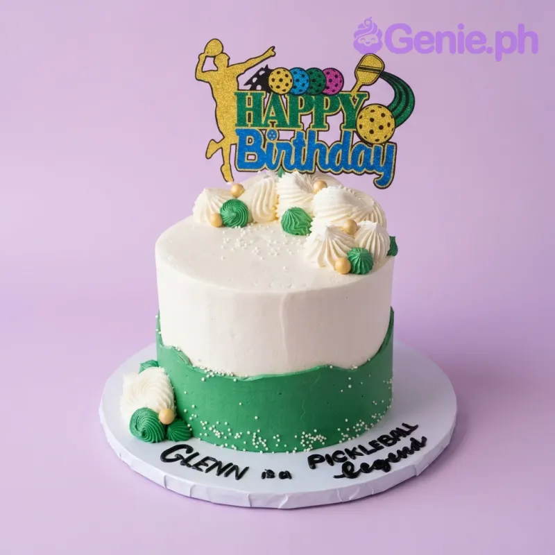White and green 1-tier birthday cake with pickleball player topper and white icing swirls White and green 1-tier birthday cake with pickleball player topper and white icing swirls