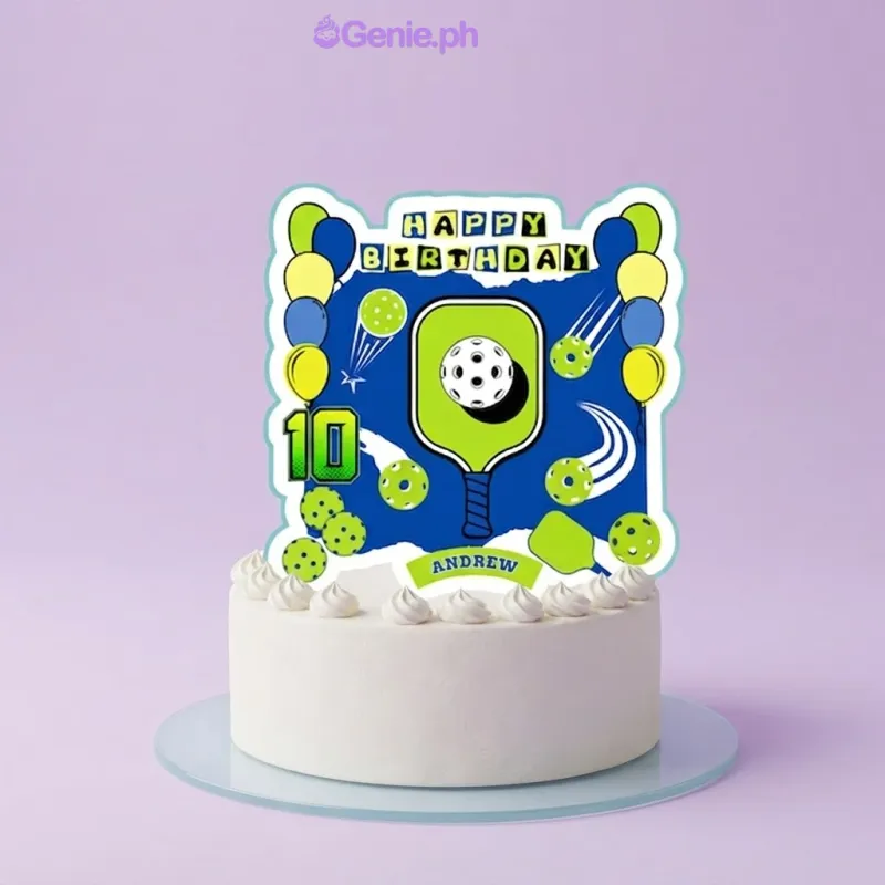 White 1-tier cake with piped icing rosettes and a large pickleball-themed birthday printout topper White 1-tier cake with piped icing rosettes and a large pickleball-themed birthday printout topper