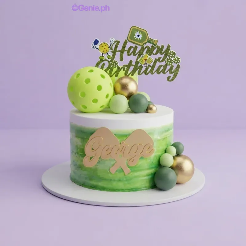 White and green gradient cake with a pickleball theme, featuring a Happy Birthday printout, a large neon green ball, and gold name plaque White and green gradient cake with a pickleball theme, featuring a Happy Birthday printout, a large neon green ball, and gold name plaque