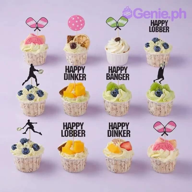 White frosted cupcakes with pickleball-themed printouts, fruit toppings, and black text banners White frosted cupcakes with pickleball-themed printouts, fruit toppings, and black text banners