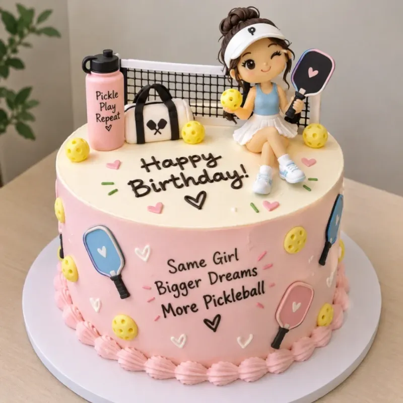 Soft pink and yellow single-tier cake with smooth icing, pickleball girl theme, and fondant sports figurines Soft pink and yellow single-tier cake with smooth icing, pickleball girl theme, and fondant sports figurines