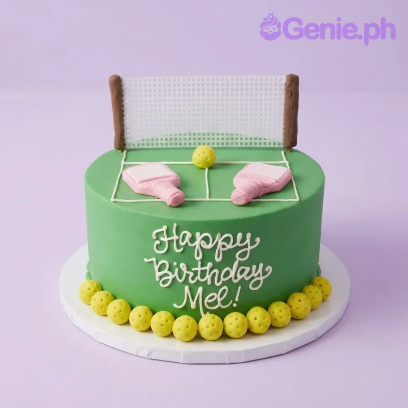 Green 1-tier fondant pickleball cake with a net, pink paddles, yellow ball accents, and white piped lettering Green 1-tier fondant pickleball cake with a net, pink paddles, yellow ball accents, and white piped lettering