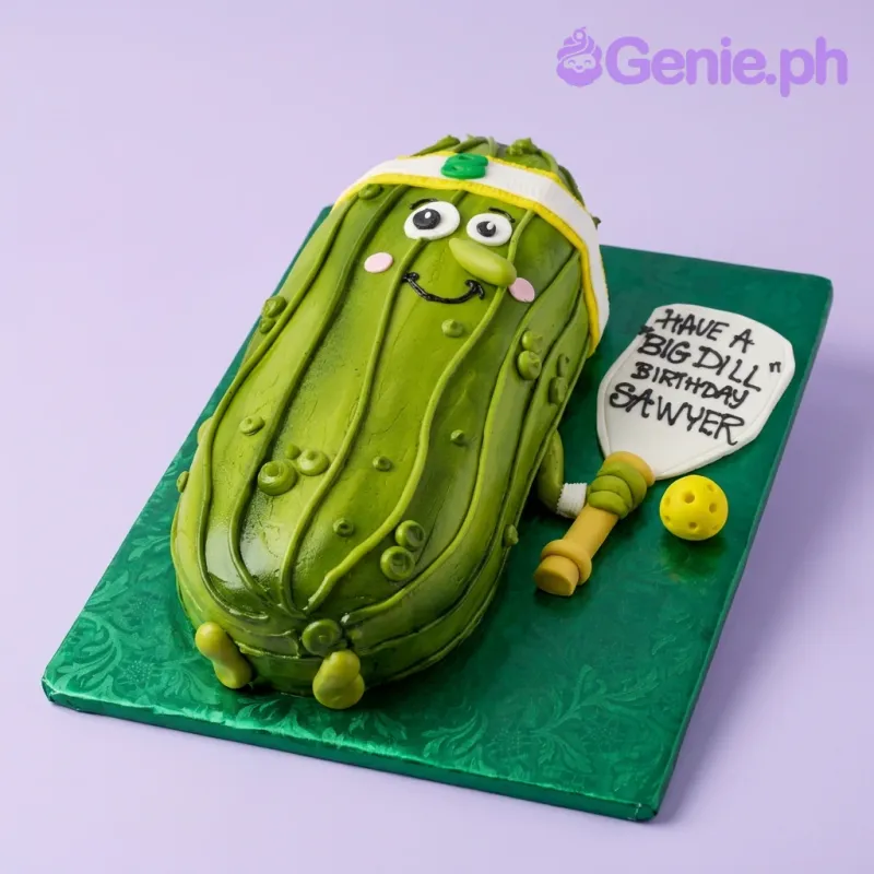 A green 1 Tier Fondant cake themed around Pickleball Pickle, featuring a sculpted pickle character, pickleball paddle, and yellow pickleball. A green 1 Tier Fondant cake themed around Pickleball Pickle, featuring a sculpted pickle character, pickleball paddle, and yellow pickleball.