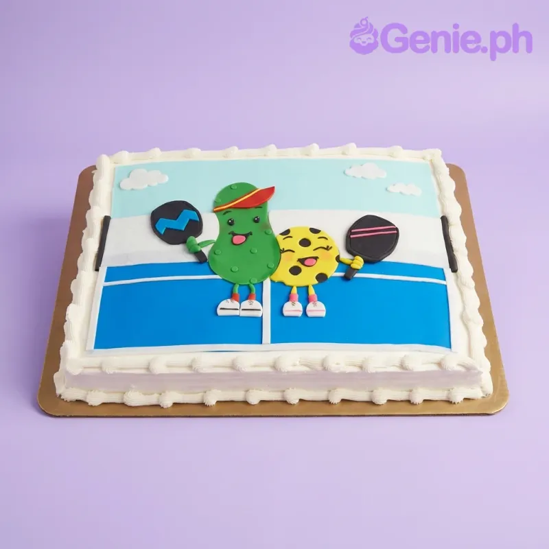 A blue and white Rectangle cake themed around Pickleball, featuring green pickle and yellow ball characters on a court design. A blue and white Rectangle cake themed around Pickleball, featuring green pickle and yellow ball characters on a court design.