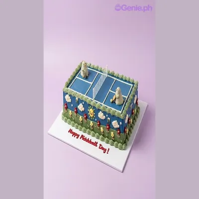 Rectangle cake designed as a blue tennis court with white lines and two white tennis player figurines Rectangle cake designed as a blue tennis court with white lines and two white tennis player figurines