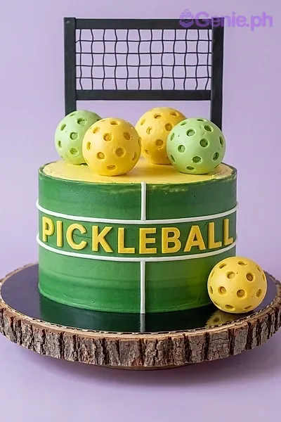 A green and yellow 1-tier Pickleball cake, featuring a black net, yellow and green pickleballs, and "PICKLEBALL" text. A green and yellow 1-tier Pickleball cake, featuring a black net, yellow and green pickleballs, and "PICKLEBALL" text.