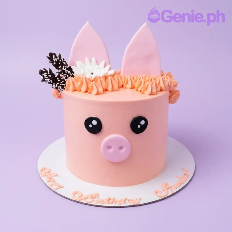 A peach and pink 1-tier pig-themed cake, featuring fondant ears, a snout, black eyes, peach rosettes, and chocolate sticks. A peach and pink 1-tier pig-themed cake, featuring fondant ears, a snout, black eyes, peach rosettes, and chocolate sticks.