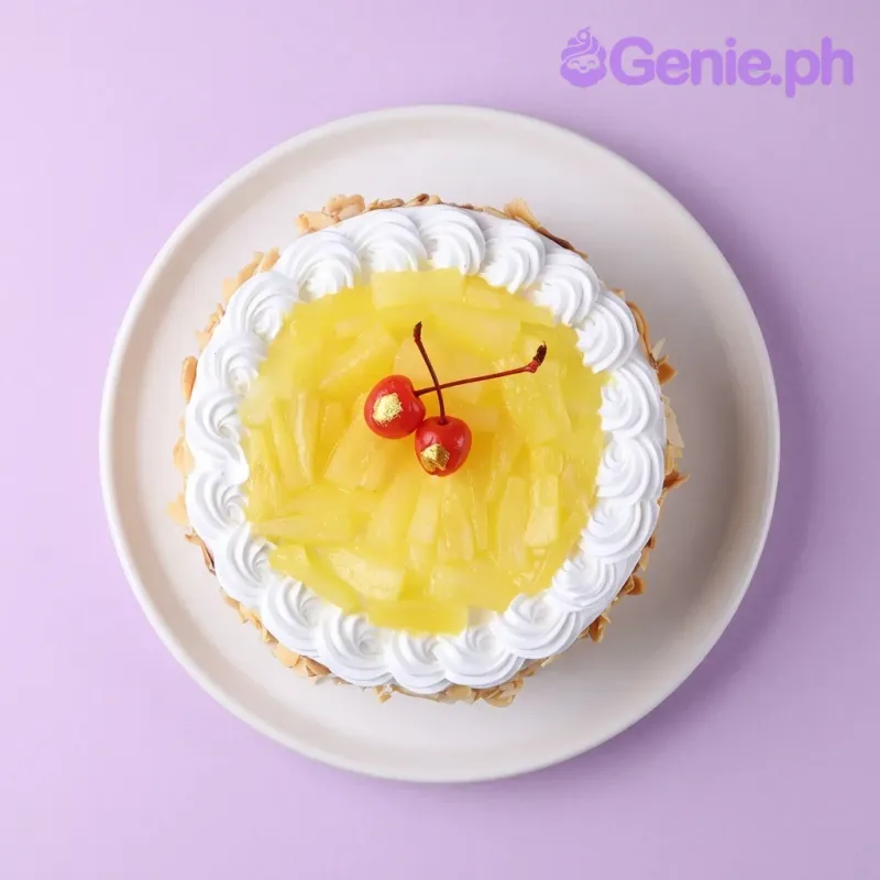 Round pineapple almond cake with white icing rosettes and two cherries on top Round pineapple almond cake with white icing rosettes and two cherries on top