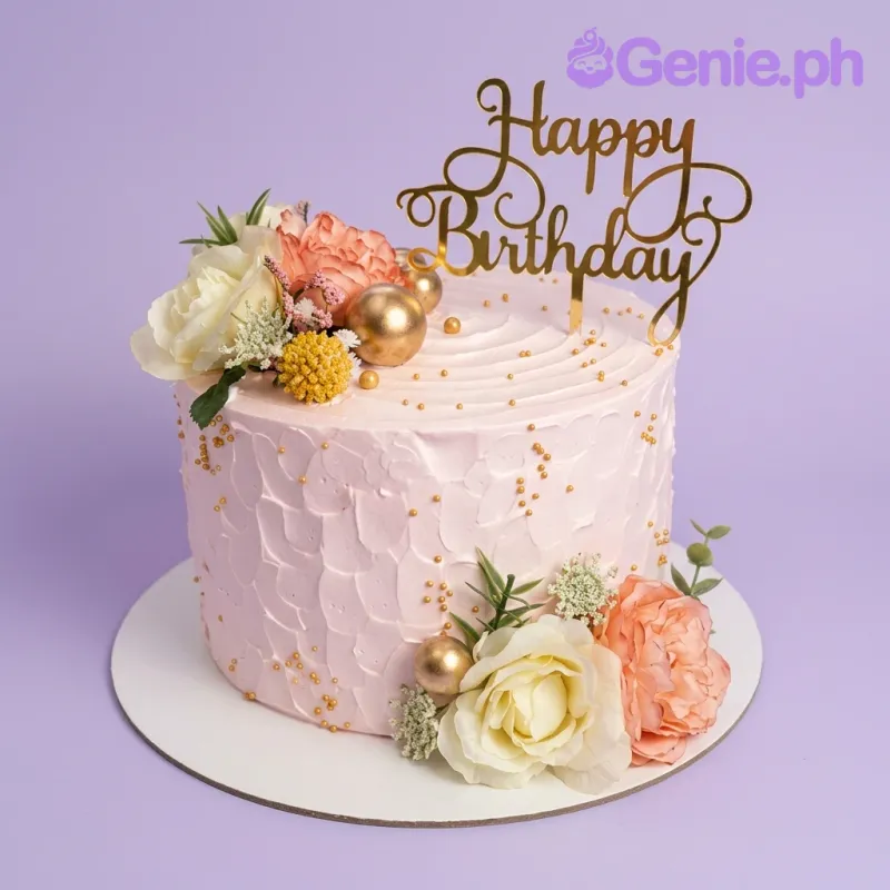 A pink textured 1-tier cake with a floral theme, featuring a gold 'Happy Birthday' topper, fresh flowers, and gold spheres. A pink textured 1-tier cake with a floral theme, featuring a gold 'Happy Birthday' topper, fresh flowers, and gold spheres.
