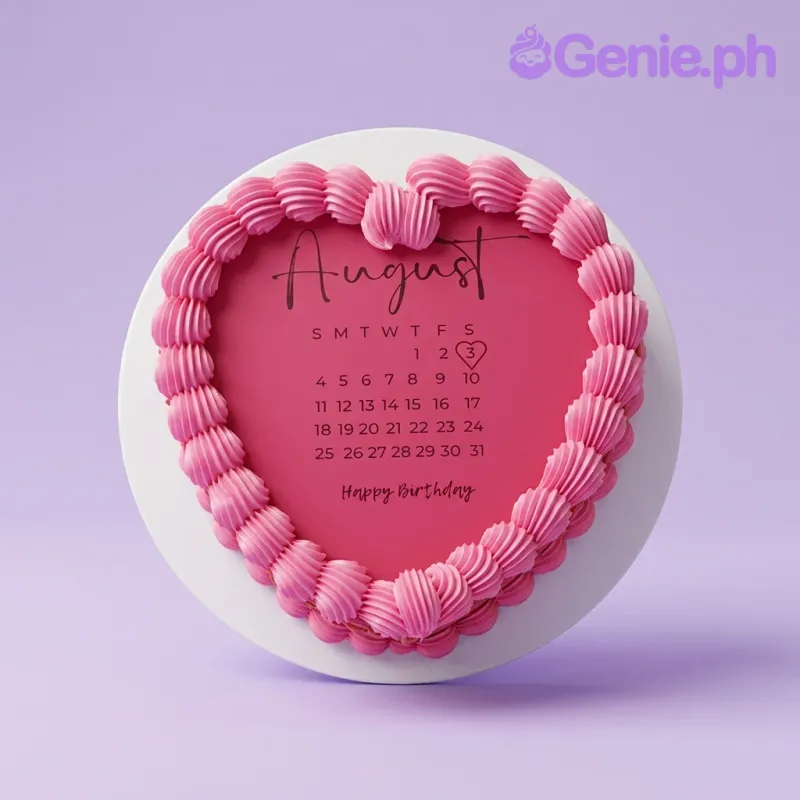 A pink and black 1-tier heart-shaped cake, themed with an August calendar, featuring black icing text and piped pink borders. A pink and black 1-tier heart-shaped cake, themed with an August calendar, featuring black icing text and piped pink borders.