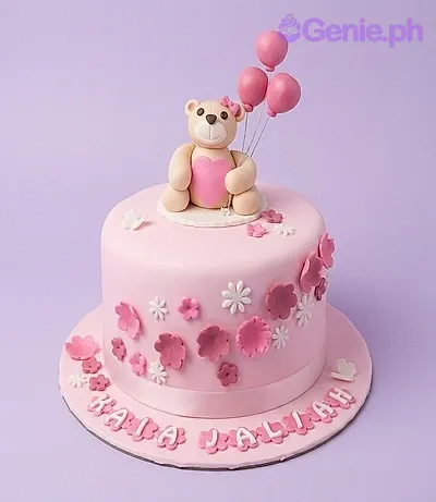 pink bear 1 Tier Fondant - pink, white theme with pink bear and pink and white flowers pink bear 1 Tier Fondant - pink, white theme with pink bear and pink and white flowers