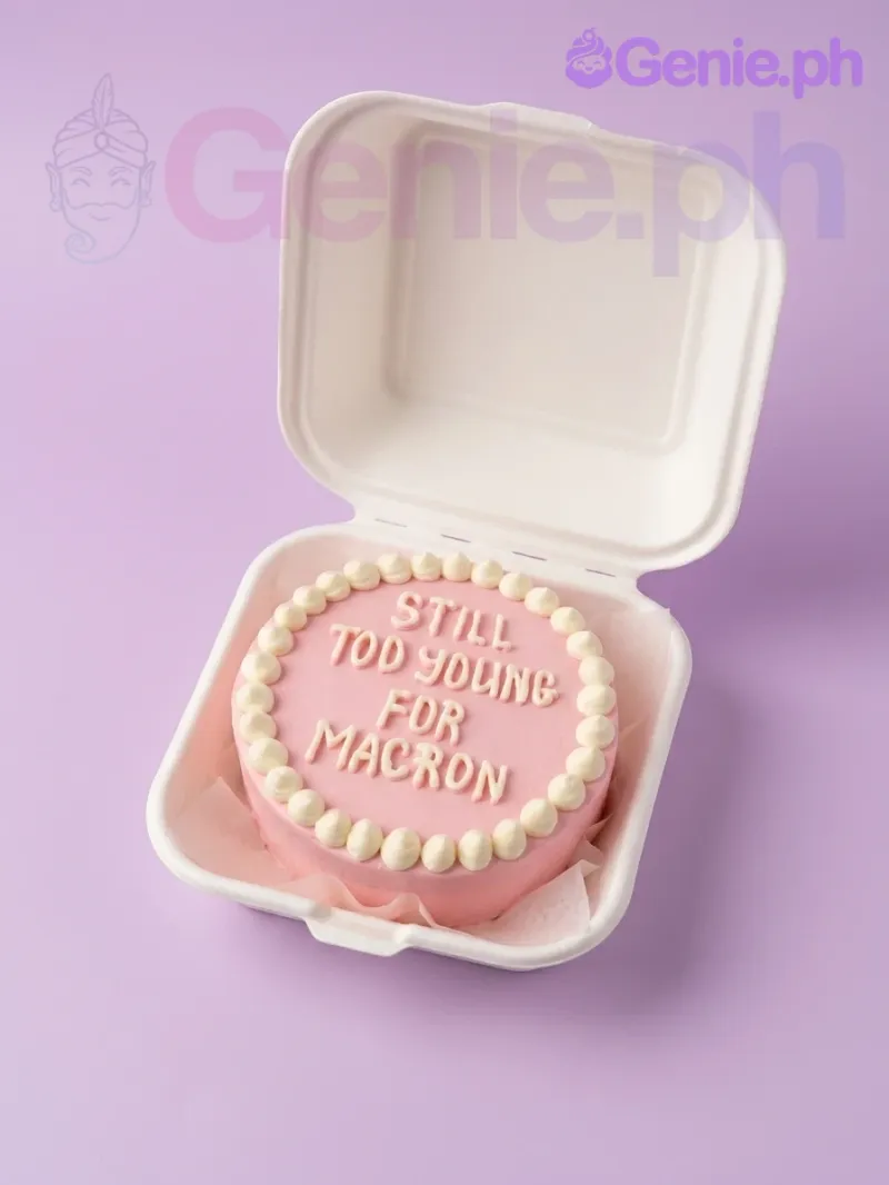 A pink Bento cake with white piped borders, featuring a humorous message 'STILL TOO YOUNG FOR MACRON' in white icing. A pink Bento cake with white piped borders, featuring a humorous message 'STILL TOO YOUNG FOR MACRON' in white icing.