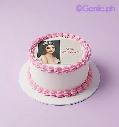 pink birthday, woman 1 Tier - white theme with edible photo of a woman and white sprinkles on cake side pink birthday, woman 1 Tier - white theme with edible photo of a woman and white sprinkles on cake side