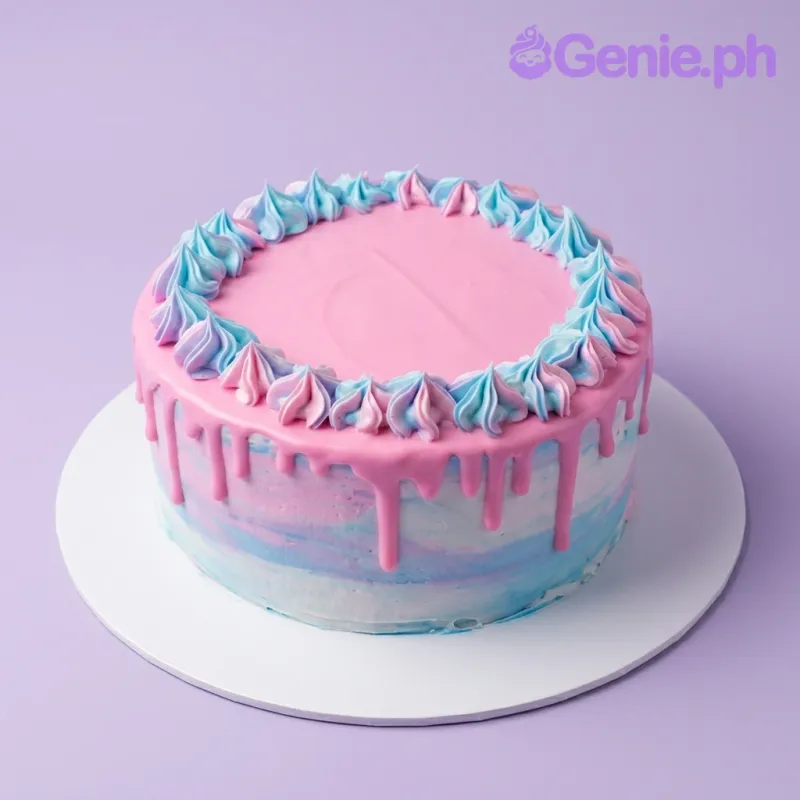 A pink and blue 1-tier cake themed around watercolor, featuring two-tone icing rosettes and a pink drip. A pink and blue 1-tier cake themed around watercolor, featuring two-tone icing rosettes and a pink drip.