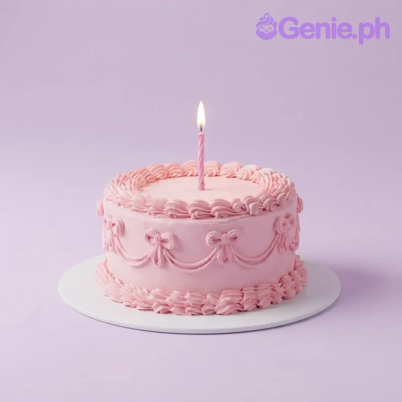 Light pink 1 tier birthday cake with soft icing, piped bow decorations, and a lit birthday candle Light pink 1 tier birthday cake with soft icing, piped bow decorations, and a lit birthday candle