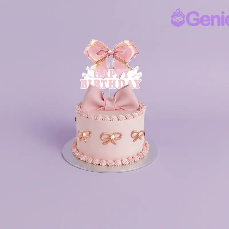 Light pink 1-tier cake with soft icing, a large fondant bow topper, and small bow decorations on the side. Light pink 1-tier cake with soft icing, a large fondant bow topper, and small bow decorations on the side.