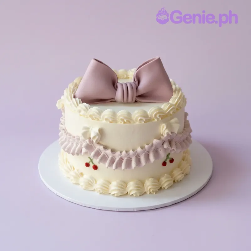 White 1-tier cake with a large pink fondant bow on top and piped pink ruffles on the side White 1-tier cake with a large pink fondant bow on top and piped pink ruffles on the side