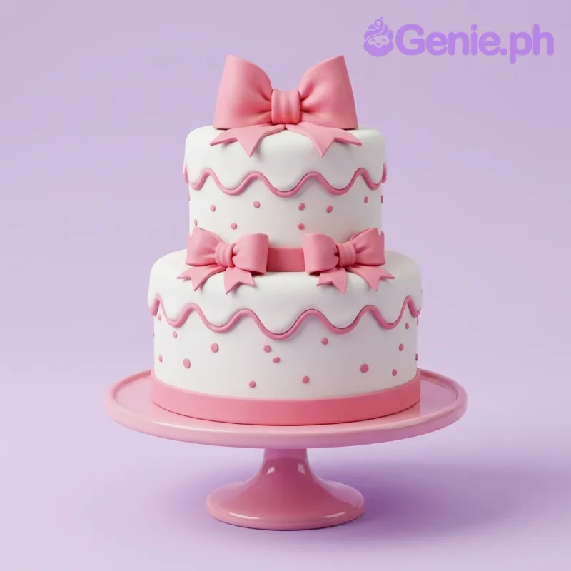 A white and pink two-tier cake themed around Pink Bows, featuring three pink fondant bows and pink icing drips with pink sprinkles. A white and pink two-tier cake themed around Pink Bows, featuring three pink fondant bows and pink icing drips with pink sprinkles.
