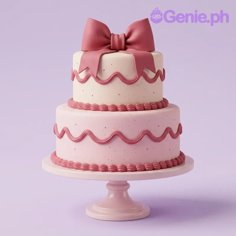 A pink and white 2-tier cake themed around Pink Bow, featuring a large pink bow topper, wavy icing borders, and piped bead accents. A pink and white 2-tier cake themed around Pink Bow, featuring a large pink bow topper, wavy icing borders, and piped bead accents.