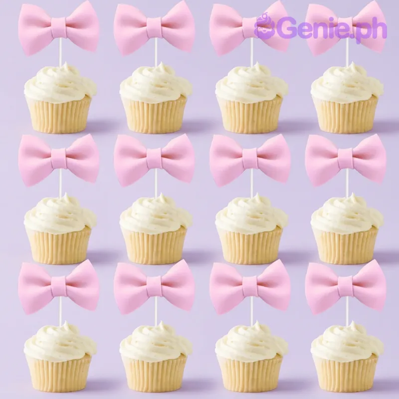 A grid of sixteen cupcakes with white icing and pink bow toppers A grid of sixteen cupcakes with white icing and pink bow toppers