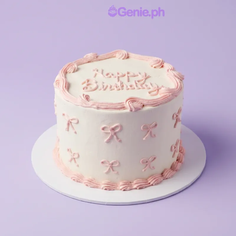 White single-tier cake with pink piped icing bows and Happy Birthday message White single-tier cake with pink piped icing bows and Happy Birthday message