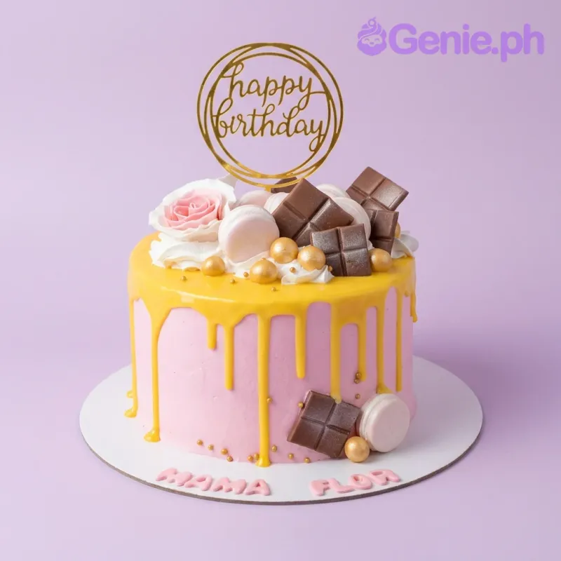 A pink and yellow 1-tier birthday cake featuring a gold 'Happy Birthday' topper, yellow drip, chocolate bars, and pink macarons. A pink and yellow 1-tier birthday cake featuring a gold 'Happy Birthday' topper, yellow drip, chocolate bars, and pink macarons.