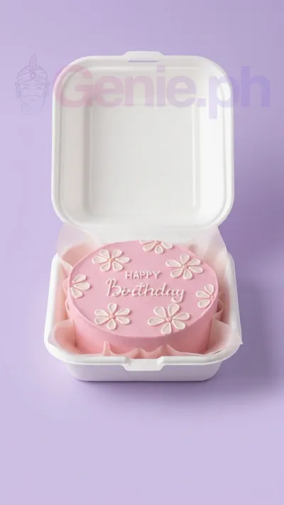 A pink and white Bento cake themed around Pink Daisy, featuring white icing daisies and a "Happy Birthday" message. A pink and white Bento cake themed around Pink Daisy, featuring white icing daisies and a "Happy Birthday" message.