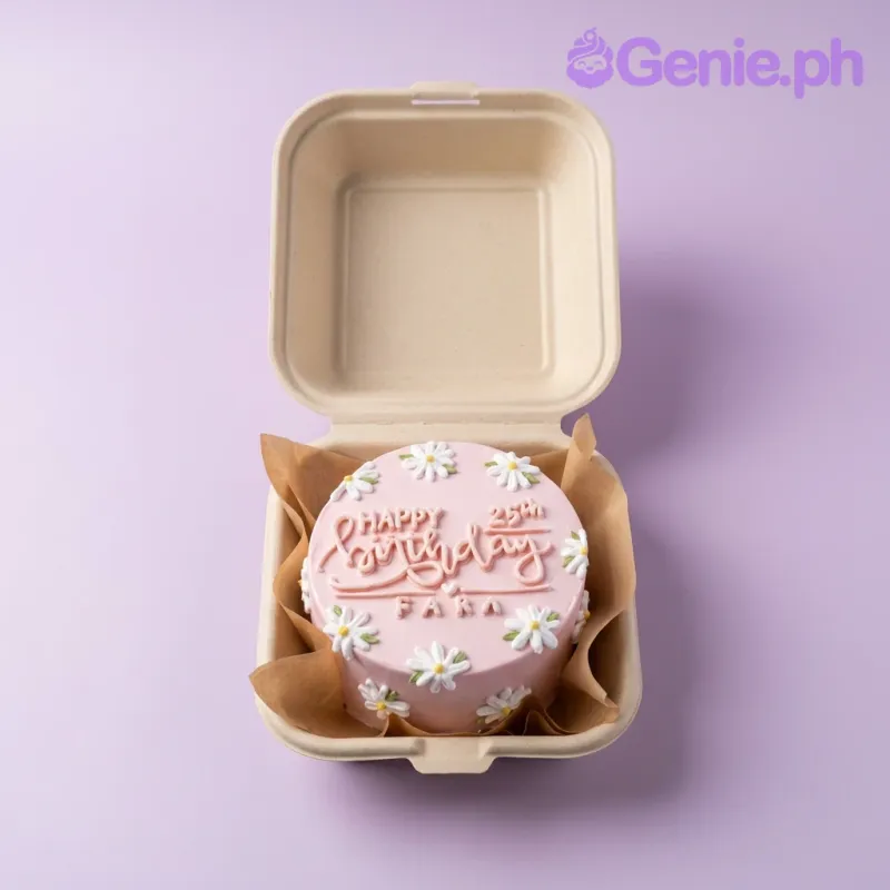 A pink bento cake themed around Pink Daisy, featuring white and yellow icing daisies and a 'Happy Birthday Fara' message. A pink bento cake themed around Pink Daisy, featuring white and yellow icing daisies and a 'Happy Birthday Fara' message.