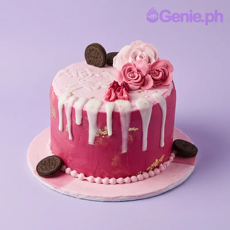 Pink 1-tier cake with white drip, pink fondant roses, and Oreo cookies Pink 1-tier cake with white drip, pink fondant roses, and Oreo cookies