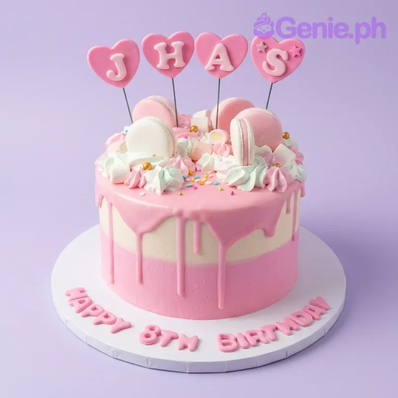 Pink and white two-tone cake with pink drip, macarons, marshmallows, and heart-shaped letter toppers for an 8th birthday. Pink and white two-tone cake with pink drip, macarons, marshmallows, and heart-shaped letter toppers for an 8th birthday.