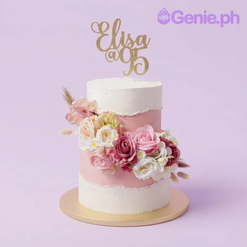 Ivory two-tier birthday cake with smooth soft icing, a gold glitter age topper, and pink sugar roses Ivory two-tier birthday cake with smooth soft icing, a gold glitter age topper, and pink sugar roses