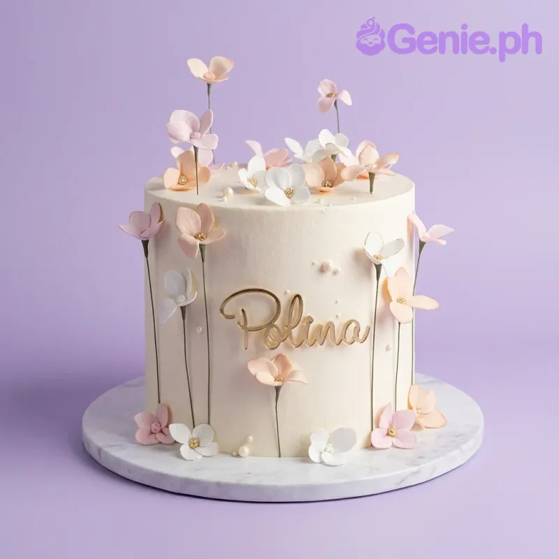 Pink Floral 1 Tier - pink, white theme with Polina name topper and Pink and white flowers on stems Pink Floral 1 Tier - pink, white theme with Polina name topper and Pink and white flowers on stems