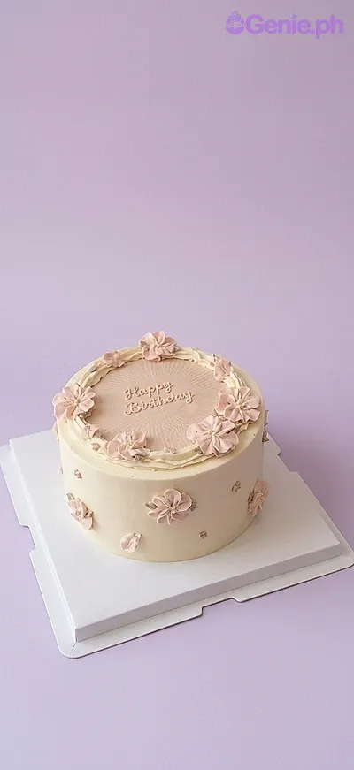 Pink Floral 1 Tier - cream, pink, gold theme with piped pink flowers Pink Floral 1 Tier - cream, pink, gold theme with piped pink flowers