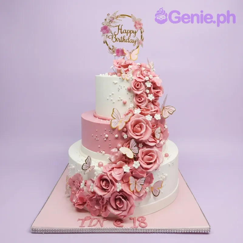 Pink Floral Debut 3 Tier - pink, gold, rose theme with Happy Birthday gold wreath topper and Pink gumpaste roses cascading Pink Floral Debut 3 Tier - pink, gold, rose theme with Happy Birthday gold wreath topper and Pink gumpaste roses cascading