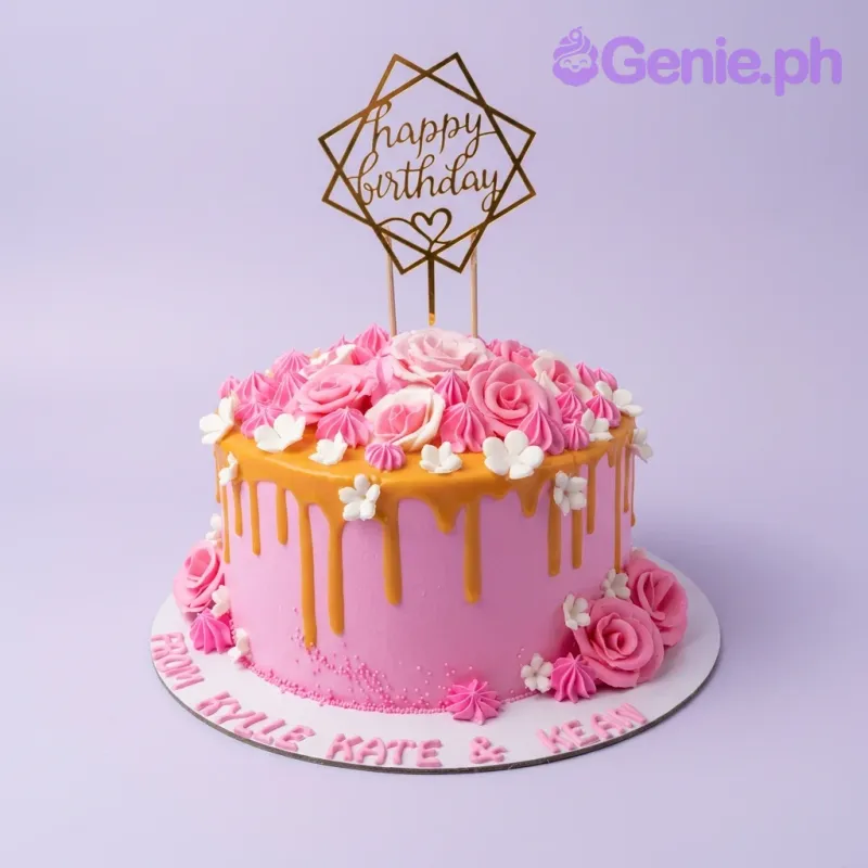 A pink 1-tier birthday cake with orange drip, pink and white icing roses, and a gold Happy Birthday topper. A pink 1-tier birthday cake with orange drip, pink and white icing roses, and a gold Happy Birthday topper.