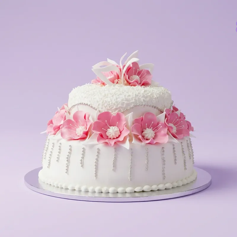 Two tier white fondant cake with pink edible flowers and silver dragee accents Two tier white fondant cake with pink edible flowers and silver dragee accents