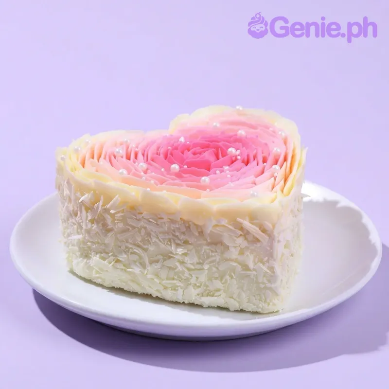 Heart-shaped cake with pink and white icing rosettes on top and white chocolate shavings on the sides. Heart-shaped cake with pink and white icing rosettes on top and white chocolate shavings on the sides.
