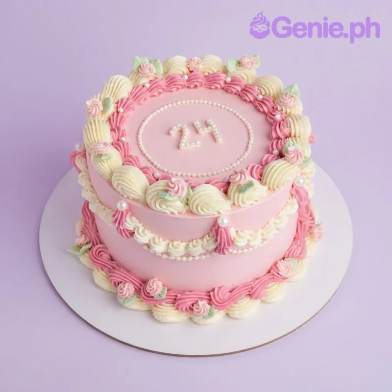Pink 2-tier cake with soft icing, intricate piped Lambeth swags, rosettes, and white sugar pearl beads Pink 2-tier cake with soft icing, intricate piped Lambeth swags, rosettes, and white sugar pearl beads