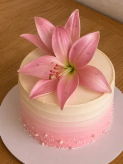 Ivory single tier cake with smooth soft icing, a large pink lily topper, and white sugar pearls Ivory single tier cake with smooth soft icing, a large pink lily topper, and white sugar pearls