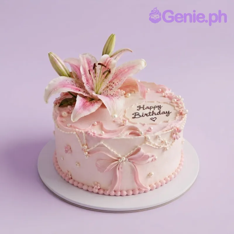 White 1-tier round cake with soft icing, pink stargazer lily flowers, and scattered white sugar pearls White 1-tier round cake with soft icing, pink stargazer lily flowers, and scattered white sugar pearls