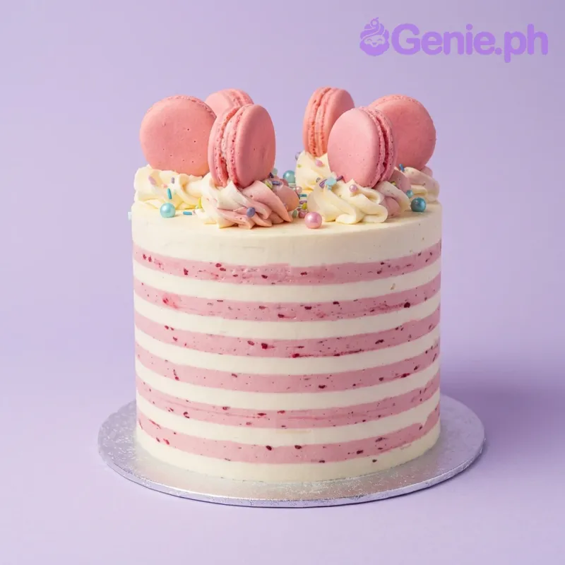A pink and white single-tier cake themed around Pink Macarons, featuring pink macarons, icing swirls, and sprinkles. A pink and white single-tier cake themed around Pink Macarons, featuring pink macarons, icing swirls, and sprinkles.