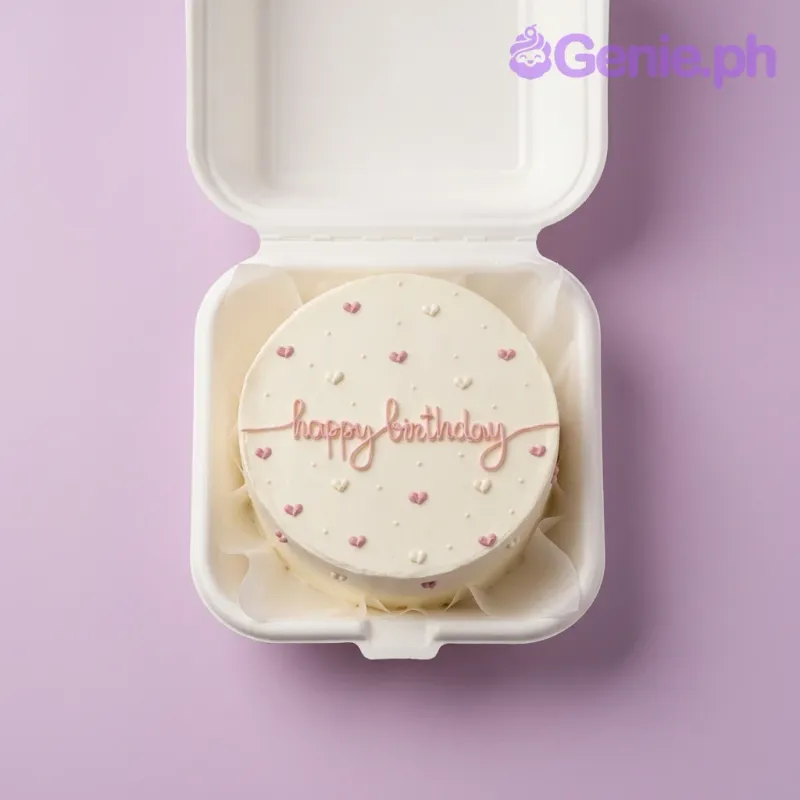 White bento cake with pink and white icing hearts and a pink piped Happy Birthday message White bento cake with pink and white icing hearts and a pink piped Happy Birthday message