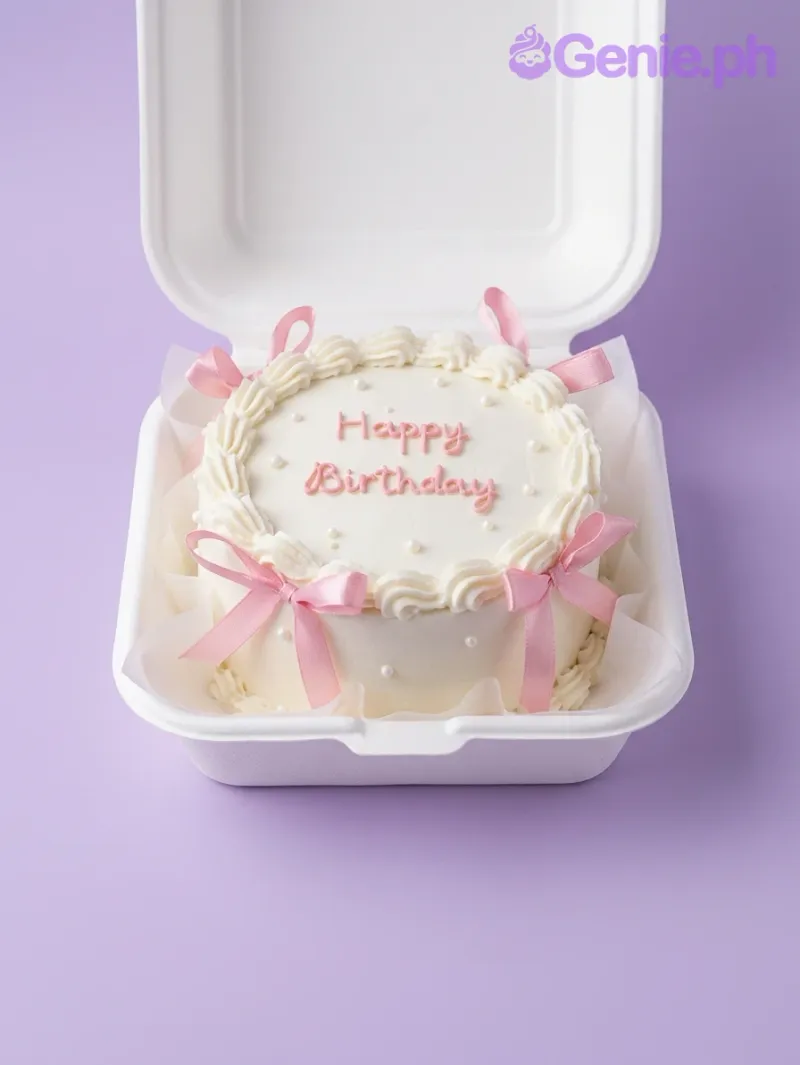A white bento cake with pink 'Happy Birthday' icing text, four pink satin bows, and a white piped shell border. A white bento cake with pink 'Happy Birthday' icing text, four pink satin bows, and a white piped shell border.