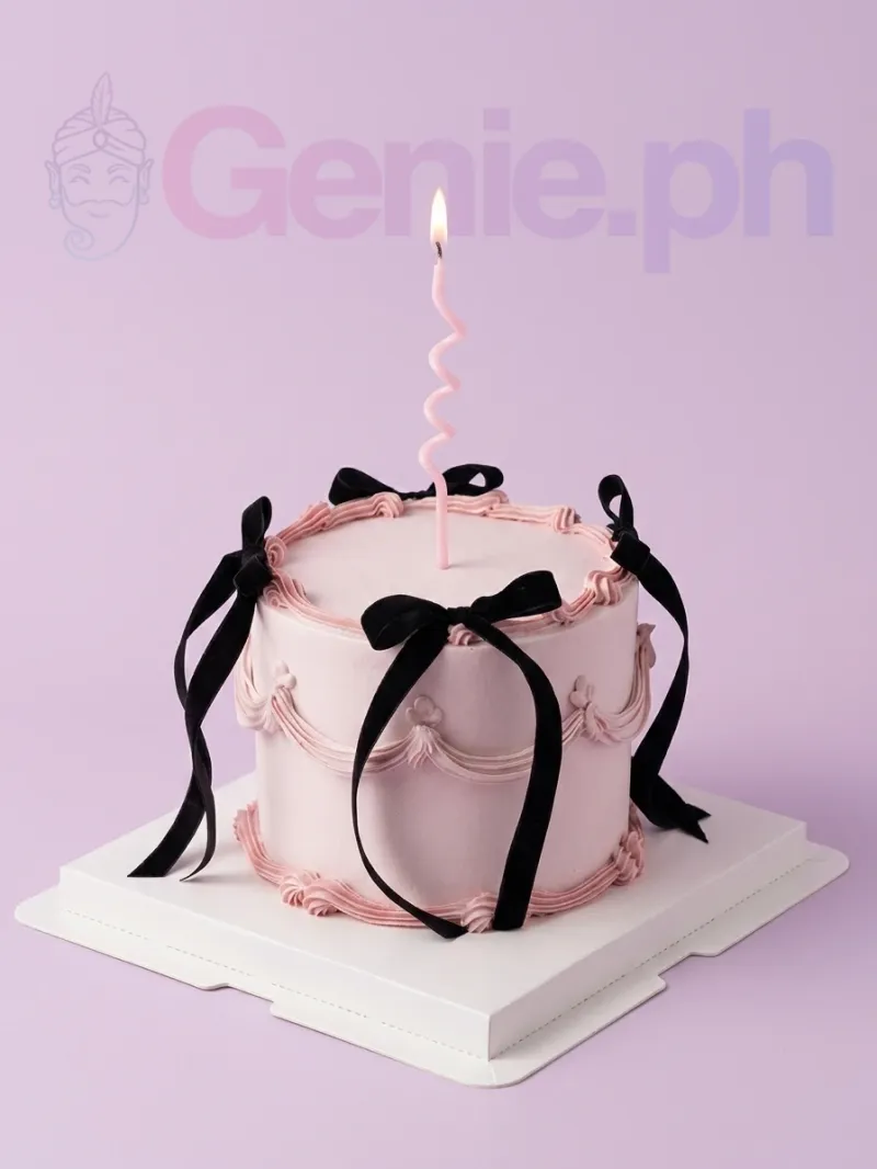 A light pink and black 1-tier cake themed around minimalist bows, featuring a pink spiral candle and black satin bows. A light pink and black 1-tier cake themed around minimalist bows, featuring a pink spiral candle and black satin bows.