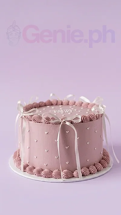 A dusty pink and white 1-tier minimalist cake, with a 'Happy Birthday' message, white piped hearts, satin ribbons, and pink shell borders. A dusty pink and white 1-tier minimalist cake, with a 'Happy Birthday' message, white piped hearts, satin ribbons, and pink shell borders.