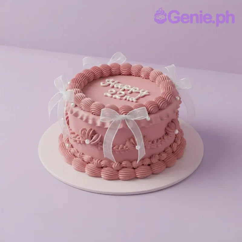 Hot pink 1-tier cake with soft icing, piped shell borders, white pearl accents, and sheer ribbon bows Hot pink 1-tier cake with soft icing, piped shell borders, white pearl accents, and sheer ribbon bows
