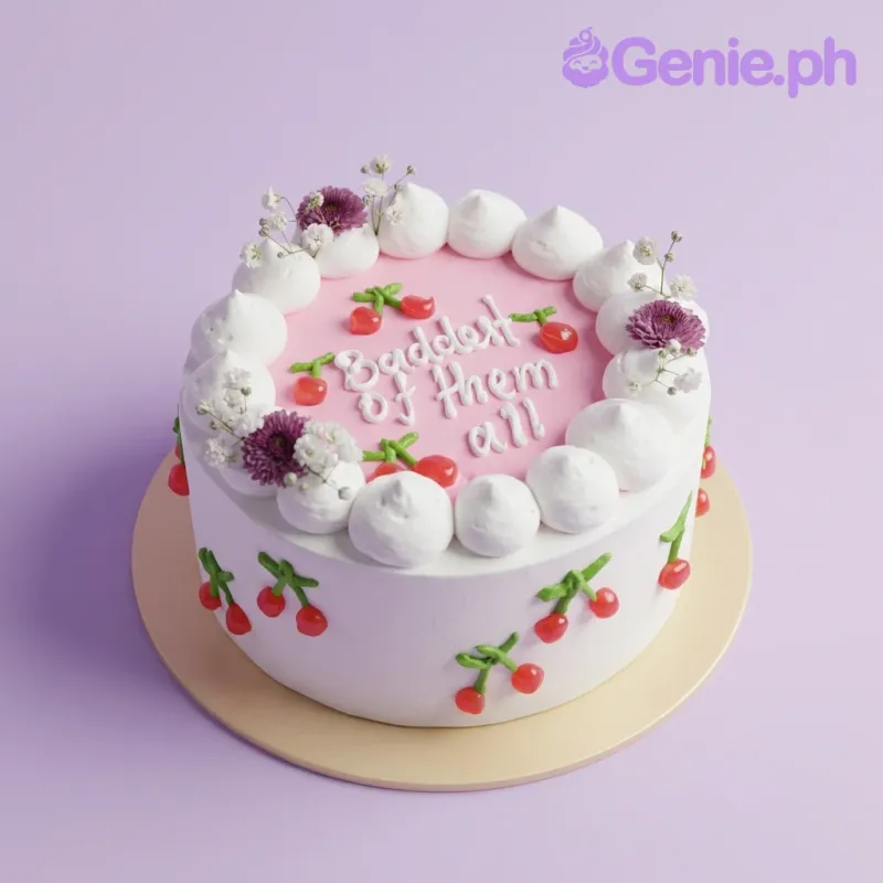 A pink and white 1-tier minimalist cake, with white dollops, purple flowers, cherries, and "Baddest of them all". A pink and white 1-tier minimalist cake, with white dollops, purple flowers, cherries, and "Baddest of them all".