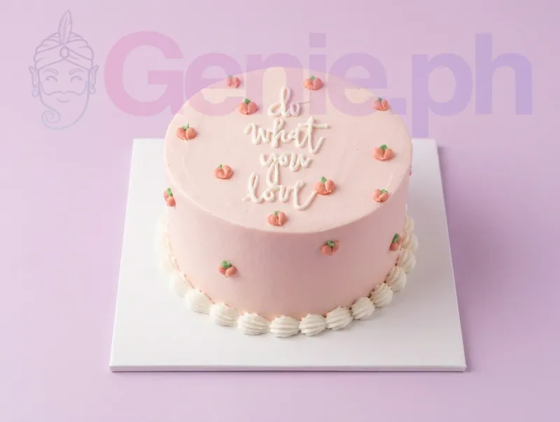 A pink 1-tier minimalist cake featuring peach icing dollops, a white piped 'do what you love' message, and a white base border. A pink 1-tier minimalist cake featuring peach icing dollops, a white piped 'do what you love' message, and a white base border.