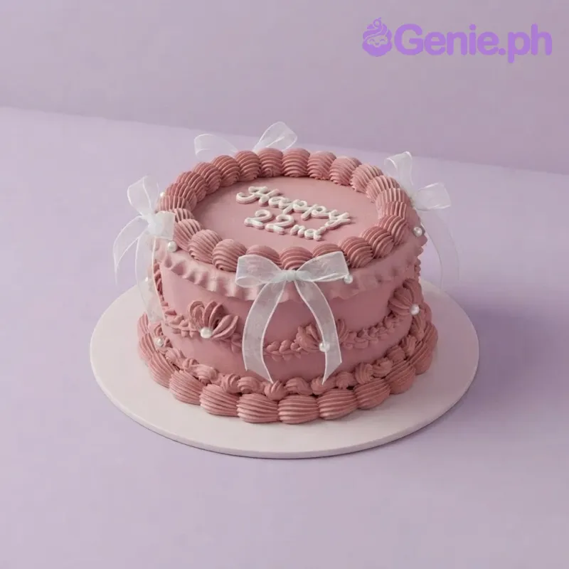 Pink 1-tier cake with soft icing, white piped script, sheer ribbon bows, and pearl accents Pink 1-tier cake with soft icing, white piped script, sheer ribbon bows, and pearl accents
