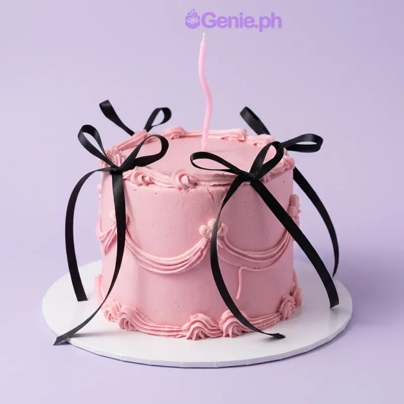 Pink 1-tier cake with soft icing, piped swags, and black satin ribbon bows. Pink 1-tier cake with soft icing, piped swags, and black satin ribbon bows.